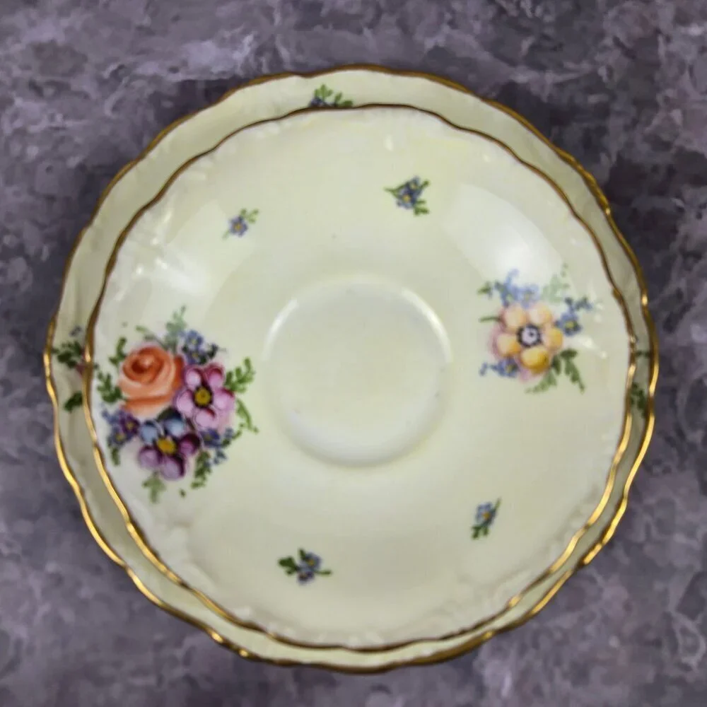 Vintage Porcelain 3 Piece Set Cup, Saucer, Snack Plate Floral Pattern Gold Trim